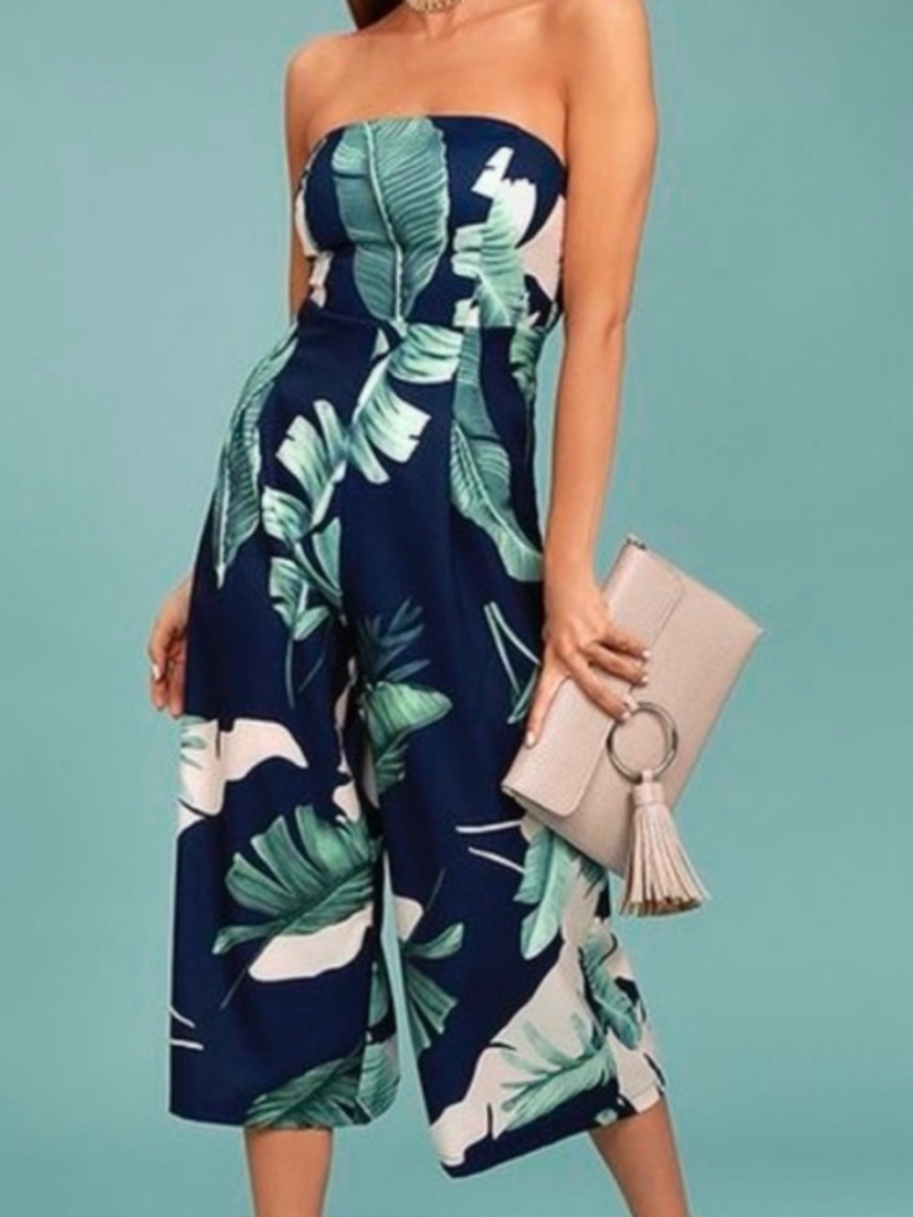 Lulus Rainforest Blooms Strapless Jumpsuit Small Navy Tropical Culotte Wide Leg - Picture 2 of 6